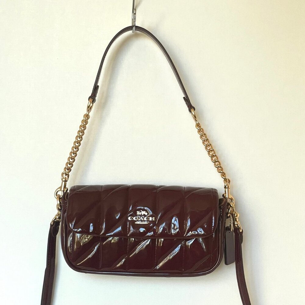 Coach Hailey Quilted Patent Leather Flap Crossbody Red Wine Small Bag - Picture 9 of 15